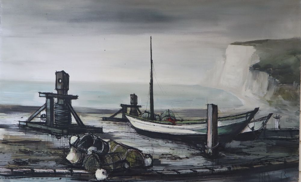 Franc B., oil on canvas, Fishing boat at low tide, signed and dated 63, 65 x 99cm, unframed